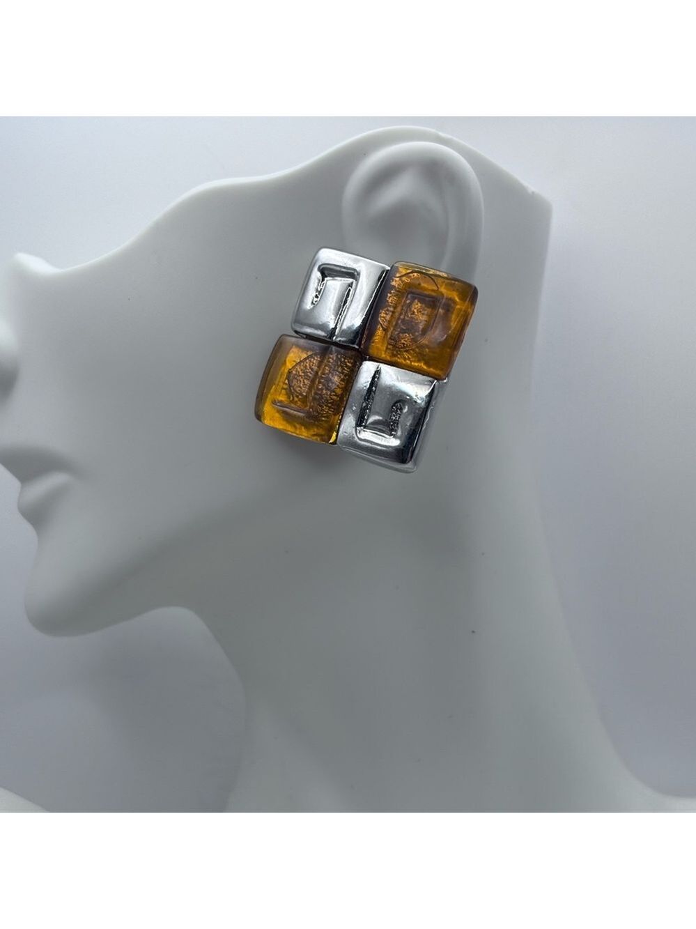 Vintage Mod Geometric Checkerboard Clip-On Earrings - Silver & Amber Resin